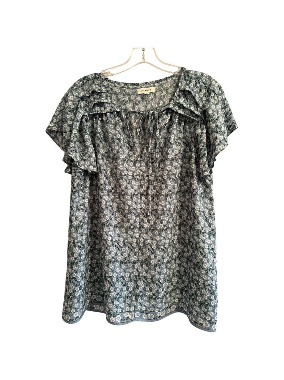Max Studio Keyhole Chiffon Blouse W/ Bow Womens Medium Blue Short Flutter Sleeve